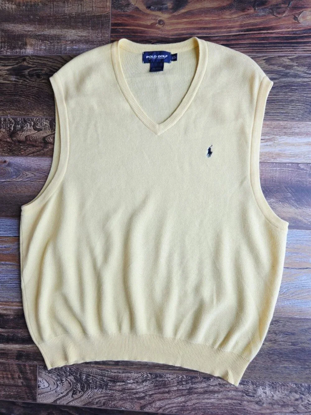Vintage'90s Polo Golf Ralph Lauren Pony Cotton Vest V-Neck Waffle Knit Yellow
